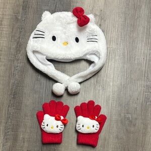Hello Kitty Fuzzy White and Red Hat with Gloves